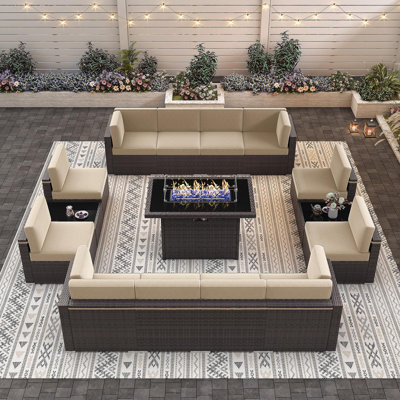  Ensemble de mobilier de patio 15 pièces avec table de foyer, ensemble de conversation extérieur, canapé modulaire en rotin d'osier avec table basse
