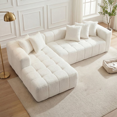 Canapé modulaire surdimensionné en L surdimensionné, canapé moderne en tissu bouclé et peau de mouton avec méridienne, emballage sous vide comprimé, canapé modulaire moelleux avec 5 coussins décoratifs pour salon, appartement, bureau