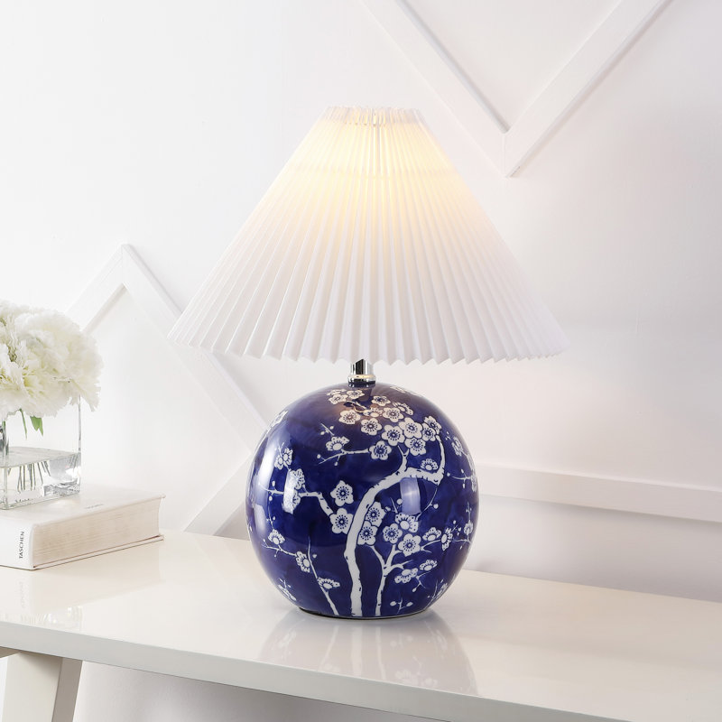 Egidius 19.5" Cottage Classic Chinoiserie Ceramic Orb LED Table Lamp with Pleated Shade, Navy/White