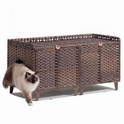 Enceinte de litière en rotin tissée à la main - Armoire de toilette cachée à double compartiment pour chat - Meuble multi-chats spacieux avec porte, crochets en forme de S, tapis amovible et ventilation pour la maison, brun