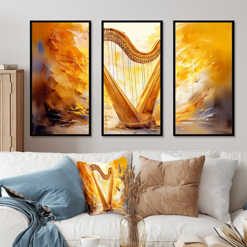 Majestic Golden Yellow Harmonic Harp V - ensemble d'art mural musical, Cadre flottant noir, H 28 po x l 36 po x P 1 po