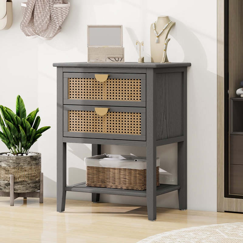  Table de bout à 2 tiroirs, table de chevet en rotin avec rangement pour chambre à coucher, salon, gris, Gris