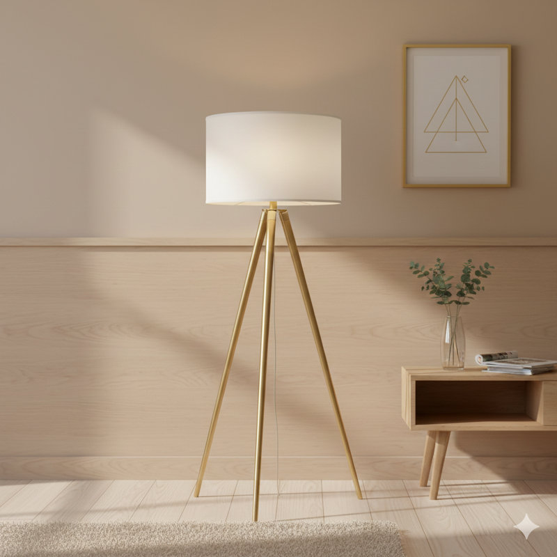 64" - 47"H Adjustable Height Brass/Shiny Gold Modern Tripod Floor Lamp For Living Room, Standing Lamp For Bedroom