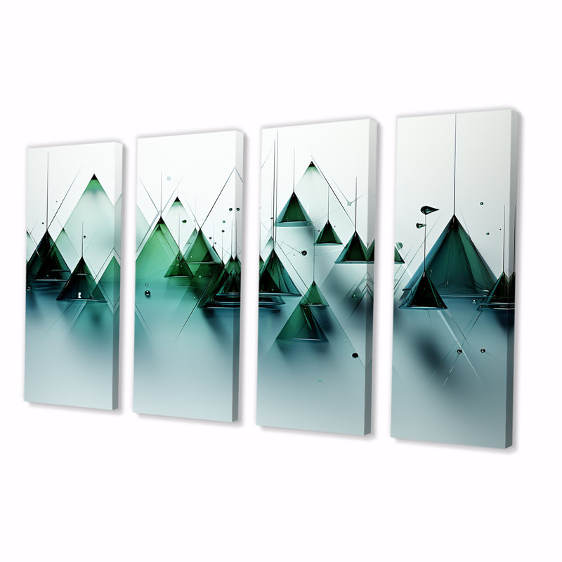 «Green Abstract Echoes of Piramid VI», ensemble d'art mural abstrait géométrique 4 pièces, H 32 po x l 64 po