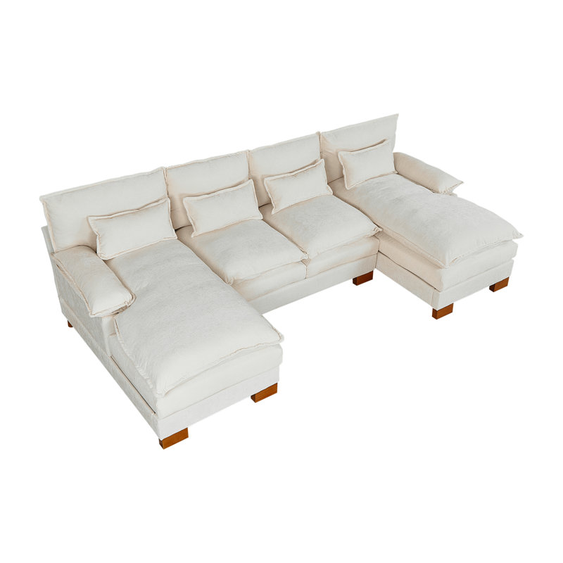 Canapé modulaire en chenille avec 2 repose-pieds et coussins Elijah, Chenille beige
