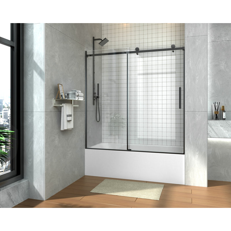 59'' - W x 60'' H Single Added Door Frameless Tub Door with, Black