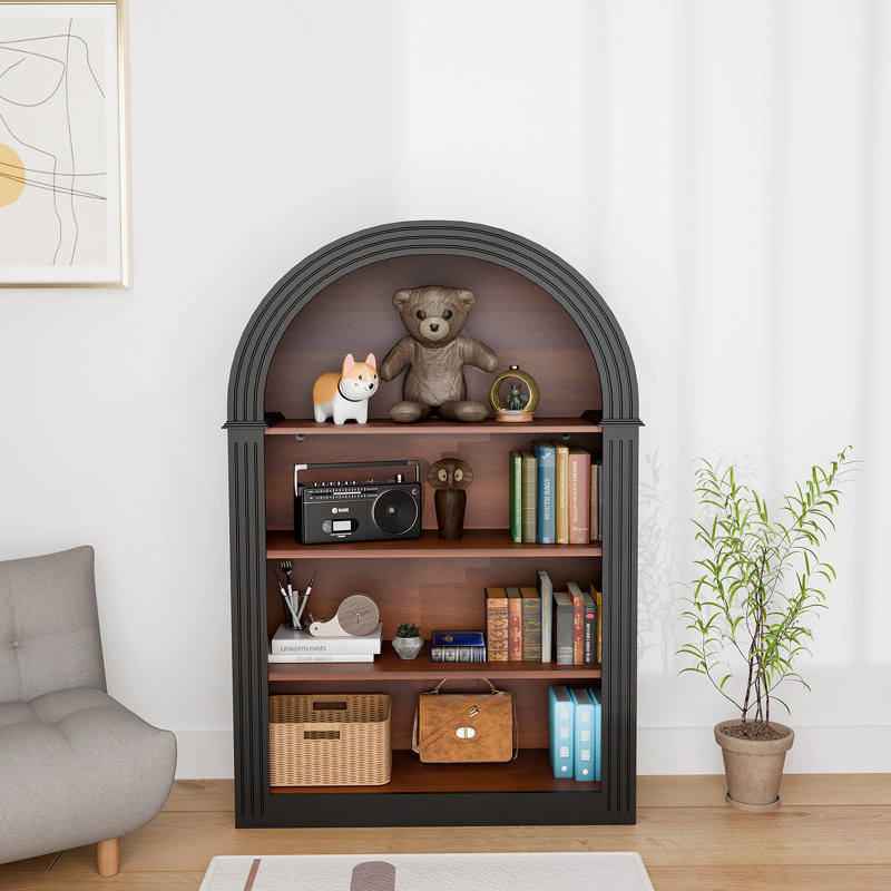 Bibliothèque, bibliothèque haute à 4 tablettes, bibliothèque arquée en bois à plancher ouvert de 45,66 po, grand rangement pour bibliothèque, chambre à coucher et salon (noir)