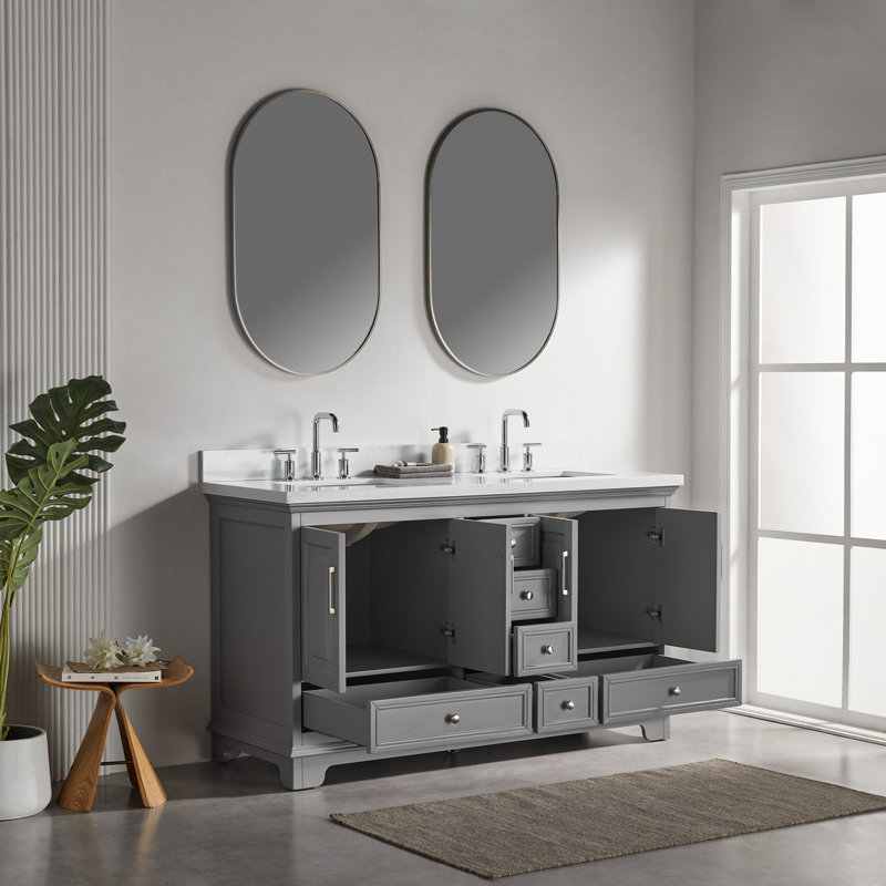 Meuble-lavabo double autoportant avec pierre artificielle, Gris