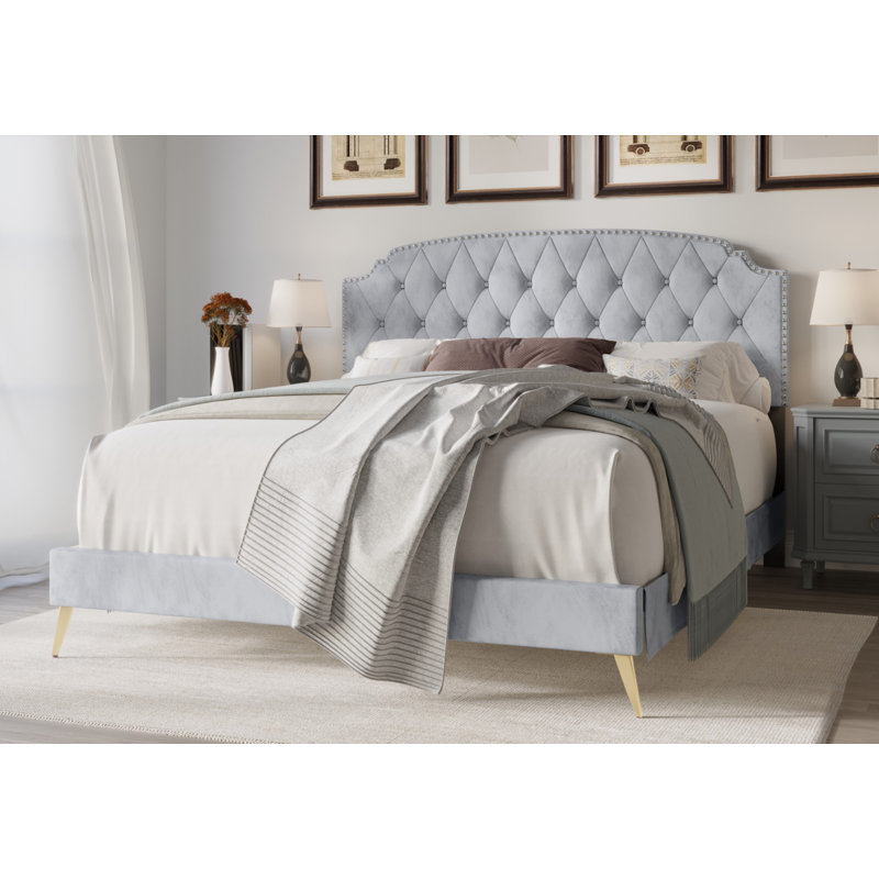 Lit plateforme tapissier Dwaun, Gris argenté, Grand