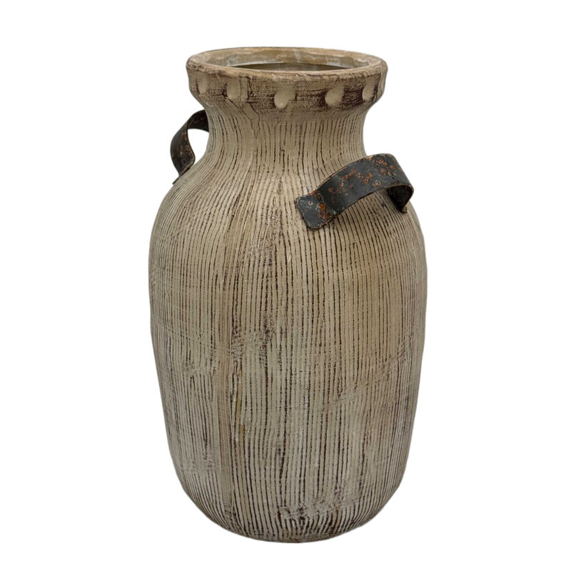 Rustic Ceramic Vase with Metal Handles