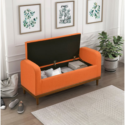 Banc Mid-Century moderne en bois massif avec finition noyer avec rangement sur le dessus pour chambre à coucher en tissu