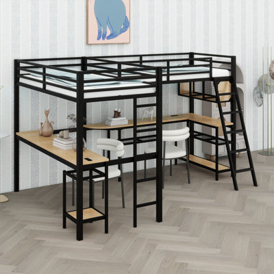 Multifunctional L-Shaped Loft Bed with Integrated Lighting, Open Shelving, Power Hubs, and Workstations
