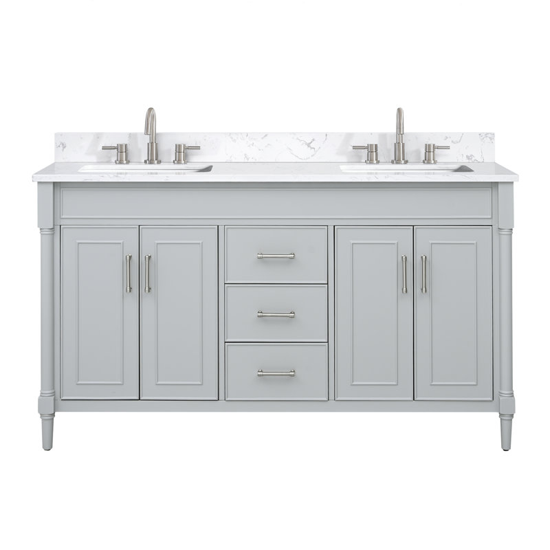 Meuble-lavabo double autoportant 61 po avec plateau en pierre reconstituée Guider, Gris clair
