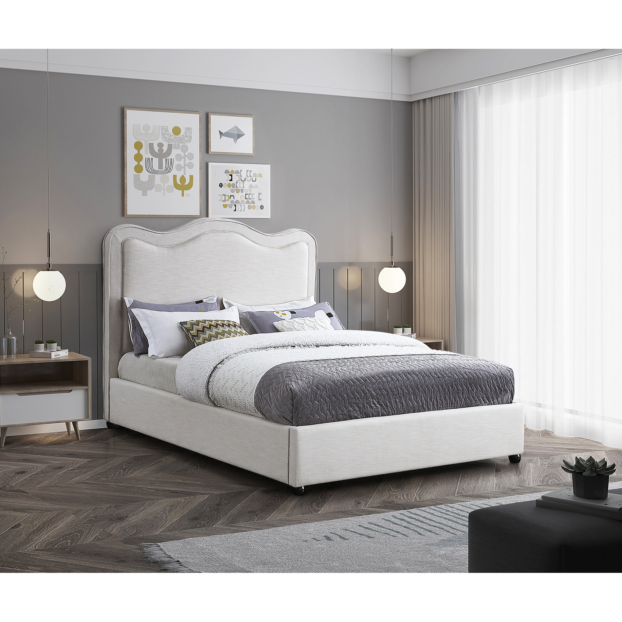 Upholstered Scalloped Bed, Cream Linen, Queen