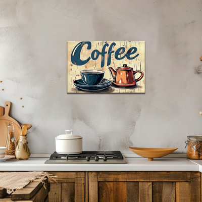 Grande rétro art mural en toile de café rétro, vaisselle de table, impressions sur toile, tasse bleue, théière orange, affiche d'art, impression d'art mural rustique pour la cuisine, salle à manger, décoration murale prête à être suspendue, 24 po x 36 po