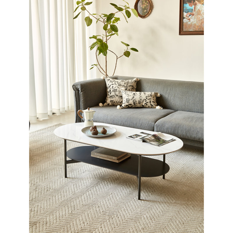 Modern End Table with Ceramic Top, MDF Base, Double-Layer Design for Living Room