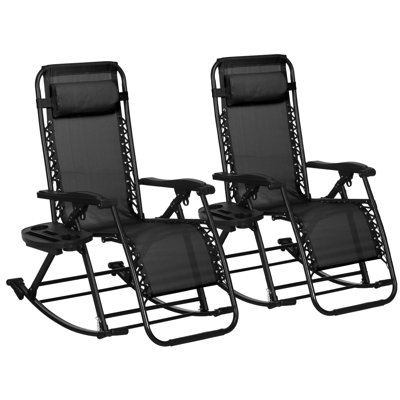 2 chaises berçantes zéro gravité, fauteuil d'extérieur pliable avec coussin, porte-gobelet. Acier noir, pieds à bascule inclinables et support de téléphone inclinables, noir, cadre en acier robuste,