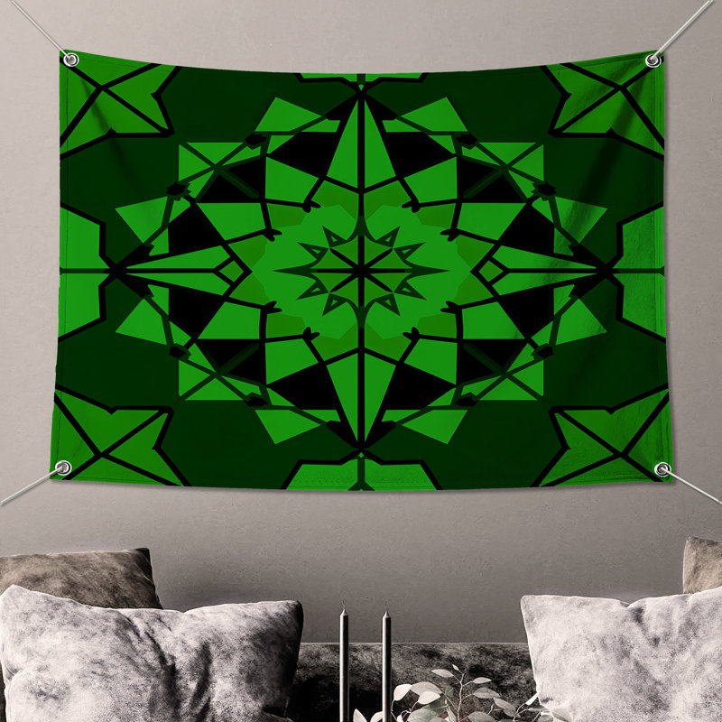 Tapisserie murale verte kaléidoscope géométrique - Décoration murale kaléidoscope, H 68 po x l 80 po avec 4 œillets