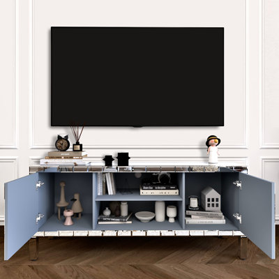 Meuble télé 60 po à miroir avec portes en verre concassé - Meuble audio-vidéo moderne pour le salon, console de rangement réglable pour téléviseur de 65 po