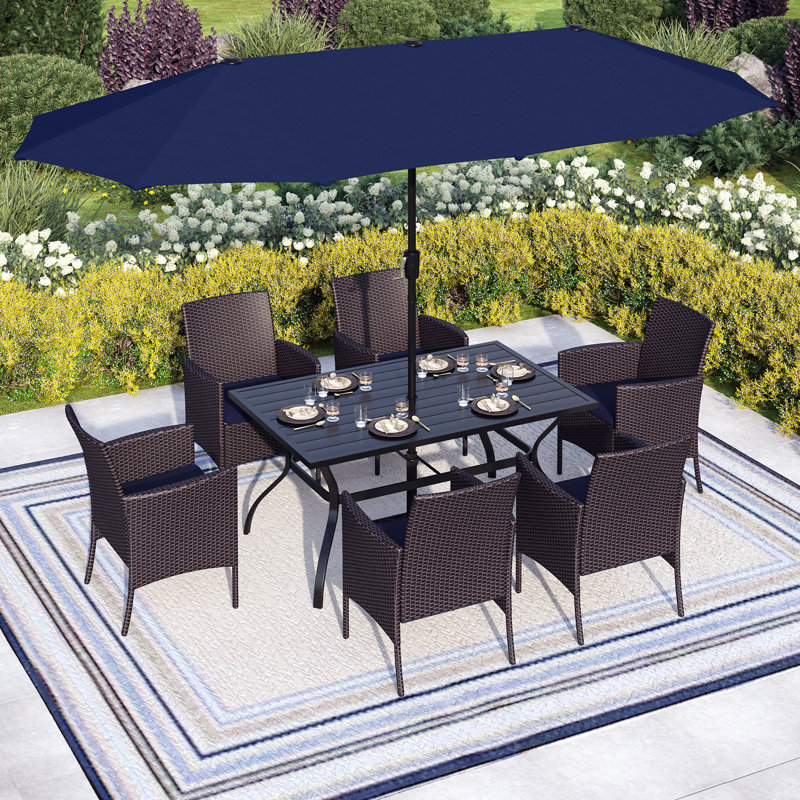 6 - Person Patio Dining Set with Rectangular Table, Yes, Navy