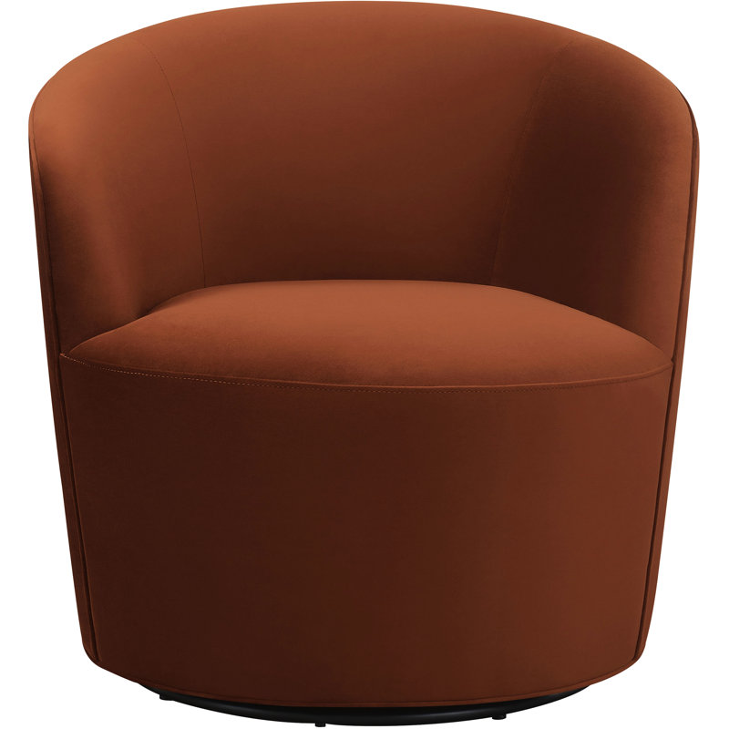 Fauteuil pivotant orange brûlé avec structure en bois et tissu dramatique pour une installation décontractée