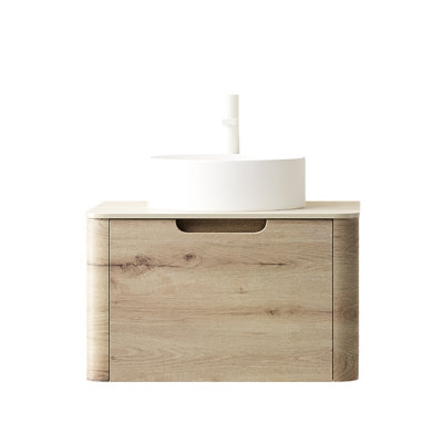 Meuble-lavabo mural de 24 po pour salle de bain, lavabo rond en céramique blanche, comptoir en pierre frittée d'aspect marbre naturel, meuble-lavabo à fermeture en douceur 24 po, armoire en contreplaqué avec finition en chêne, exquis