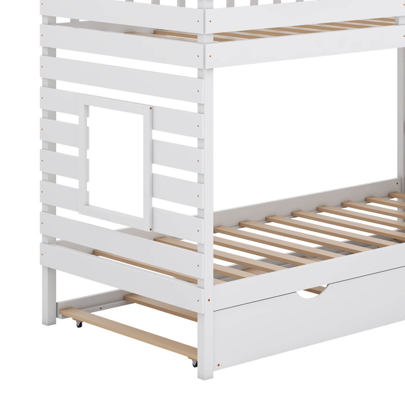Pocklington Twin over Twin House Bunk Bed with Trundle and Slide, Roof and Window Design, White