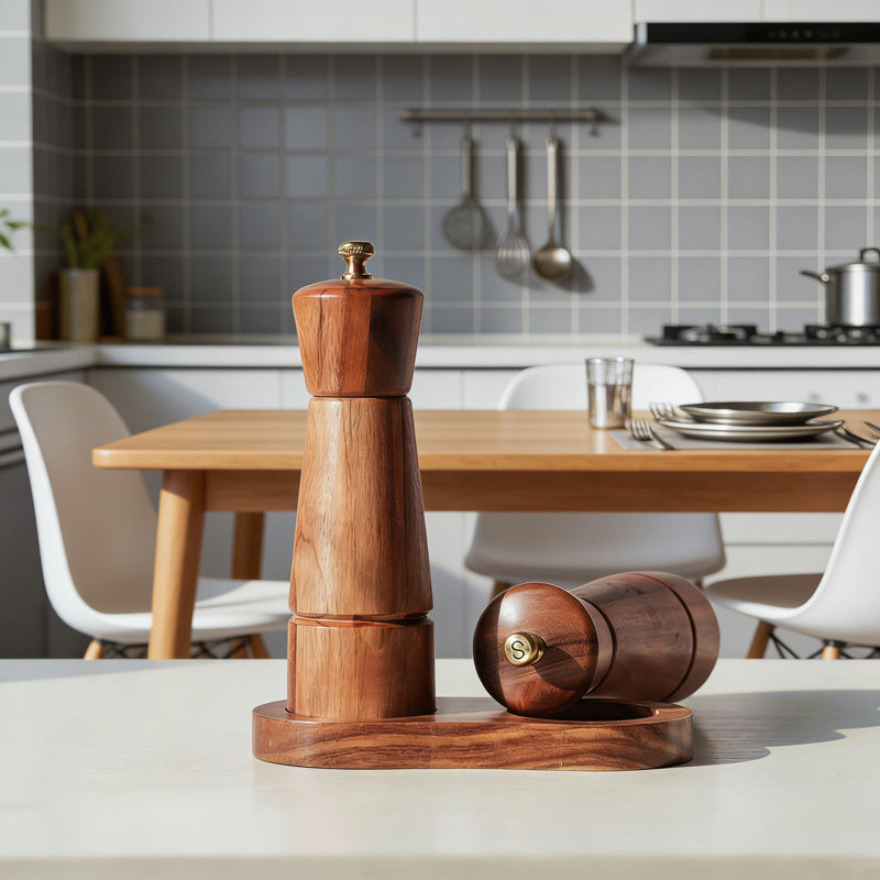 Ensemble de moulins à sel et à poivre en bois d'acacia avec plateau, moulins à céramique et en acier inoxydable réglables pour les épices fraîches, conception de table de cuisine élégante