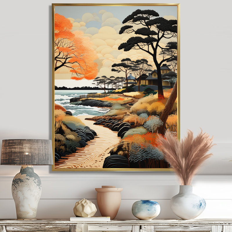 Autumn Beach Path Mansion By Ocean - Art mural plage, H 20 po x l 12 po, Cadre flottant doré