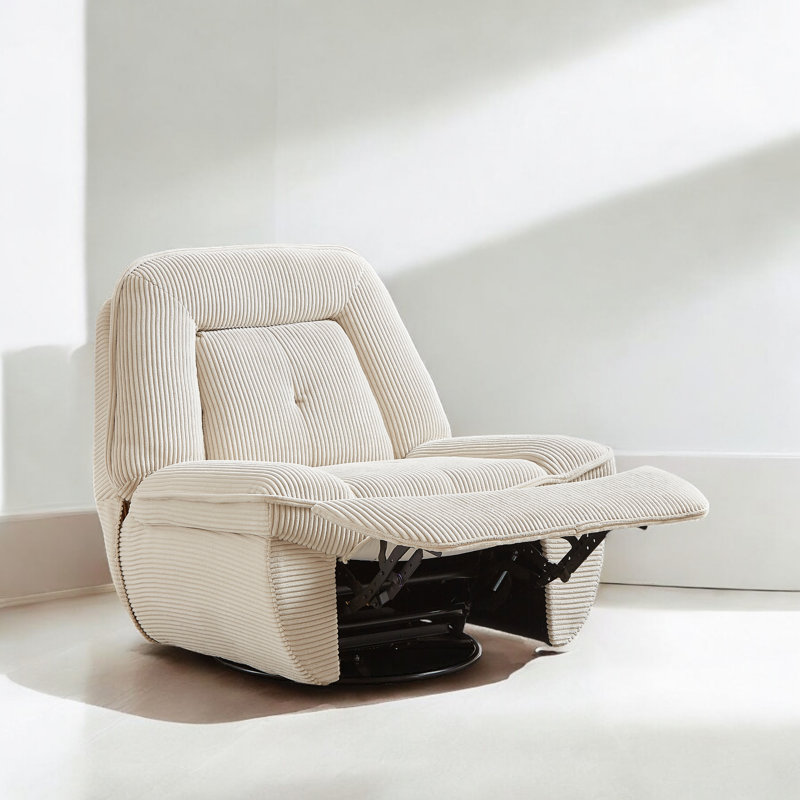 Upholstered Corduroy Armless Swivel Convertible Manual Recliner Chair, Beige