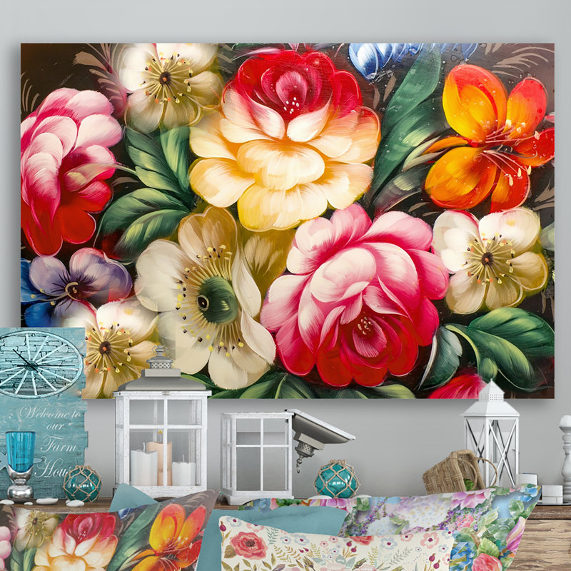 «Vintage Vibrant Red & Yellow Flower Still Life», reproduction sur toile flottante, H 8 po x l 12 po x P 1 po, Toile tendue