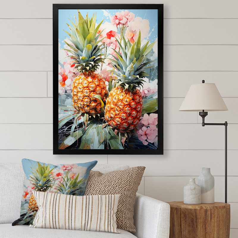 Pineapples Floral Bouquet II - reproduction d'art sur toile, H 32 po x l 24 po x P 1 po, Cadre photo noir