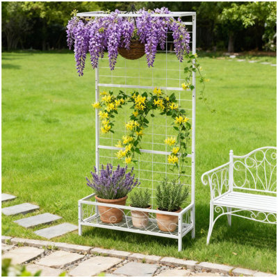 Support à plante blanc, support à plante haut en métal avec treillis et barre de suspension, pour l'intérieur et l'extérieur