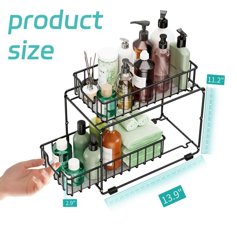 Qualon 2-Tier Steel Pull Out Drawer for Pantry, Cabinet, Under Sink, Black