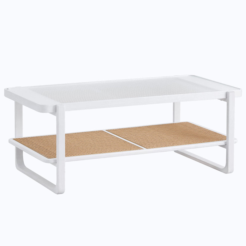 Modern Minimalist Double Layered Coffee Table. Glass Tabletop, Imitation Rattan  Edge Table. Rectangular Table Suitable For Living Room, Dining Room, And Bedroom
