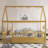 Full Size Floor Wooden Bed With House Roof Frame, Fence Guardrails(Full,Natural)-1667172009