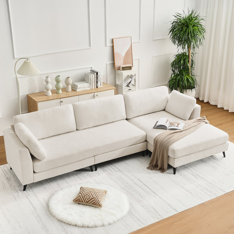 Chenille Upholstered 3-Seater L-Shaped Sofa With Chaise And Wide Back Cushions, Beige Chenille