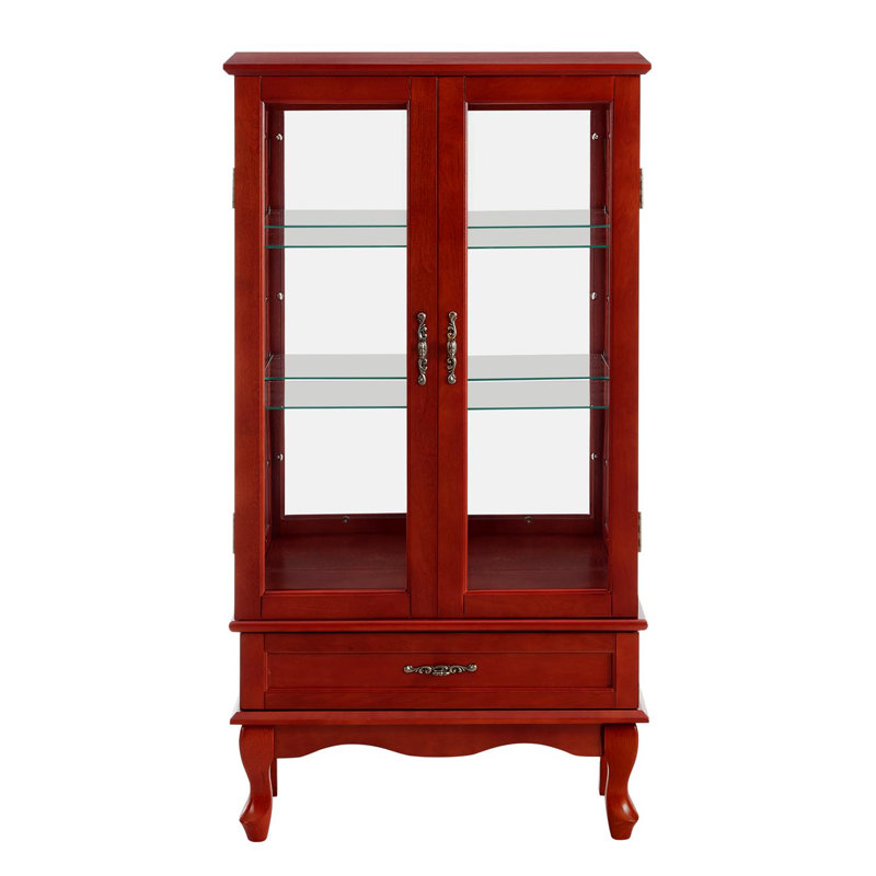 Glass Cabinet With Illuminated Interior - 2 Doors, 1 Drawer, Adjustable Shelves, Cherry, Bulb, Falling Protection Precaution Charming Curio Display Feature Guarantee