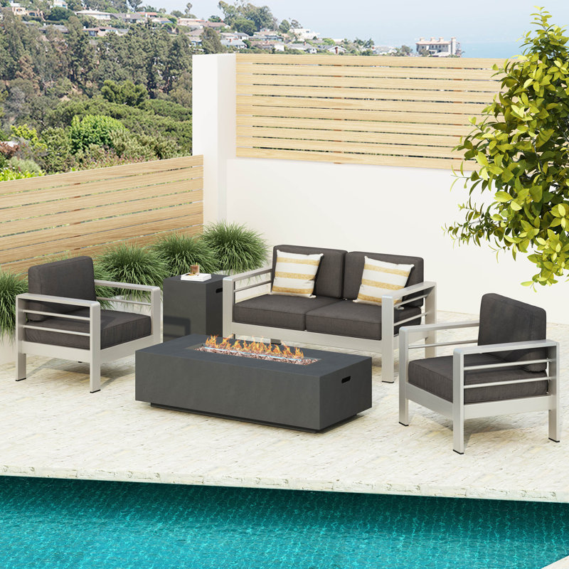 Caggiano 4 - Person Patio Conversation Set with Cushions, Gray Cushion/Silver Frame + Dark Gray Firepit