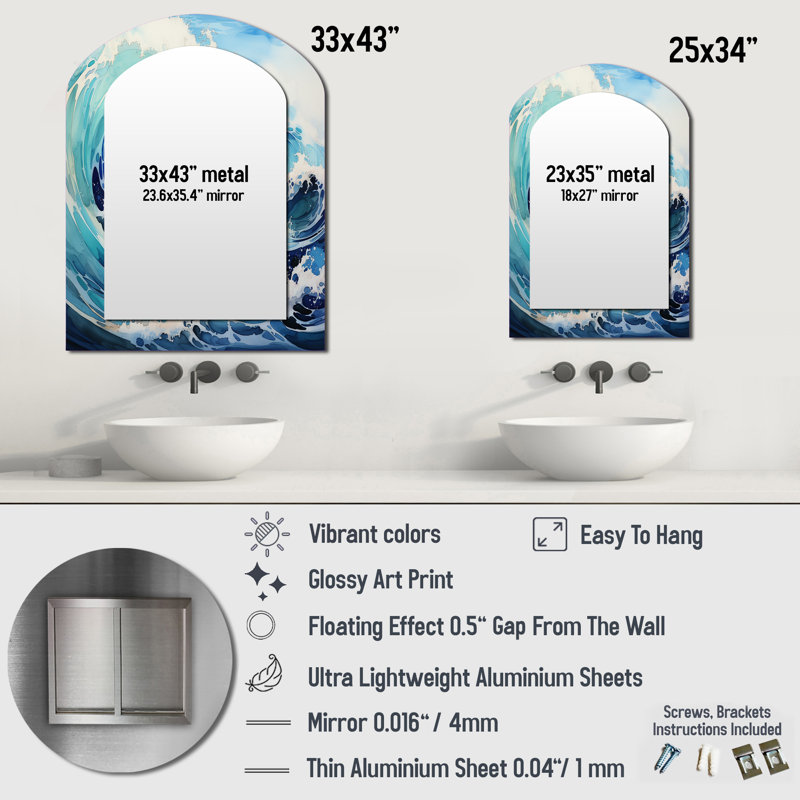 Blue Wave Ocean Storm - Blue Coastal Arch Wall Mirror, 34" x 25"