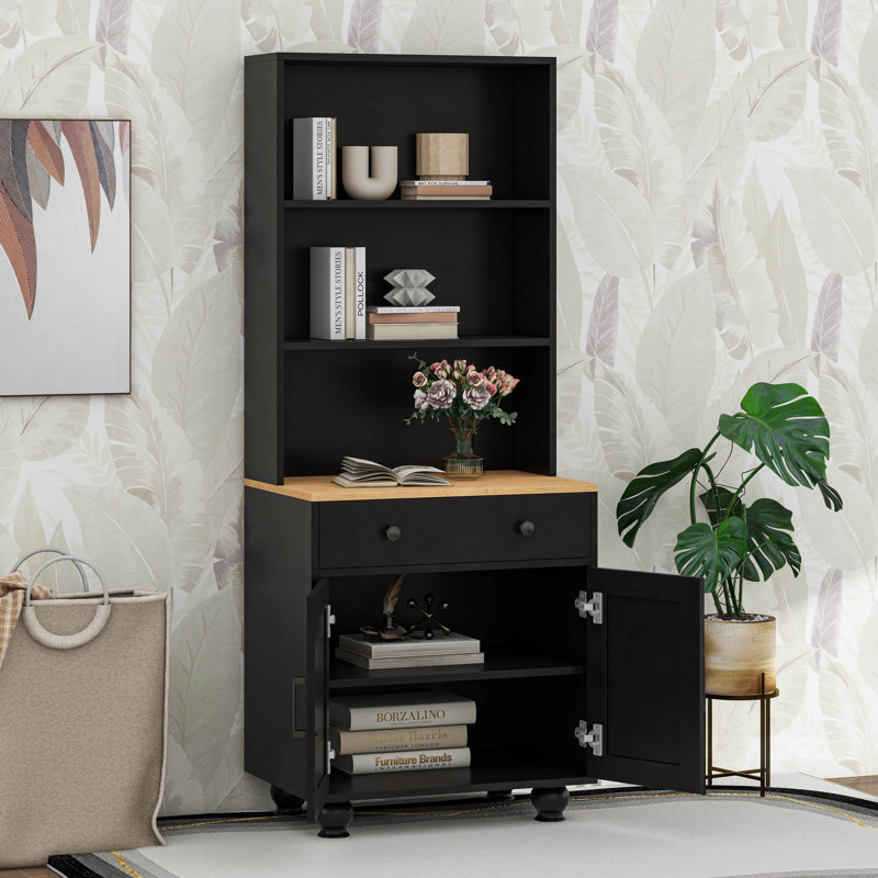 5-Tier Bookshelf, Tall Bookcase With 2 Doors And 1 Drawer, Adjustable Shelf, Black