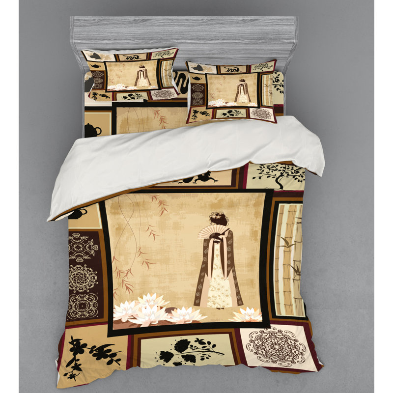 Japanese Eclectic Polyester Coverlet, Queen Duvet Cover + 3 Additional Pieces