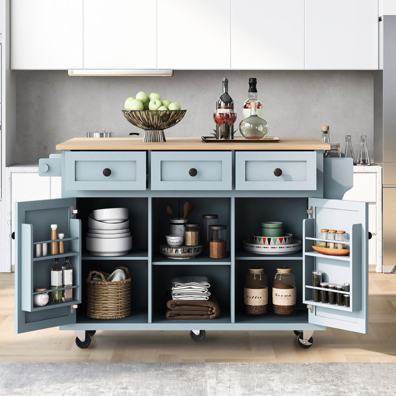 Kitchen Cart With 3 Drawers & Drop Countertop, 5 Rolling Wheels, Grey Blue Cabinet Door Storage, For Compact Space