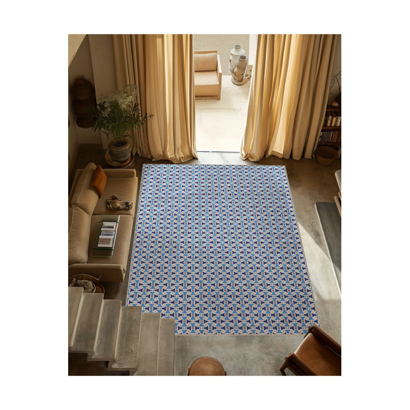 Tapis bleu délavé à motif géométrique mixte, Sous-tapis carré 3 pi 3 po inclus