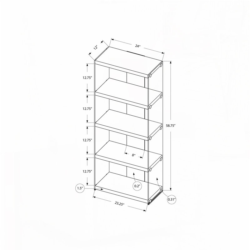 Bibliothèque à 5 niveaux en verre trempé, (5 tablettes) H 58,75 po x l 24 po x P 12 po