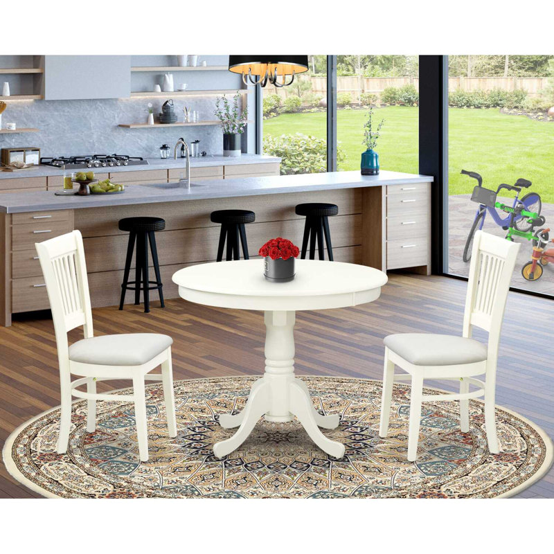 Ensemble de table de salle à manger 3 pièces - 2 chaises en bois et table de salle à manger ronde - Siège en tissu de lin et dossier à lattes en lin blanc