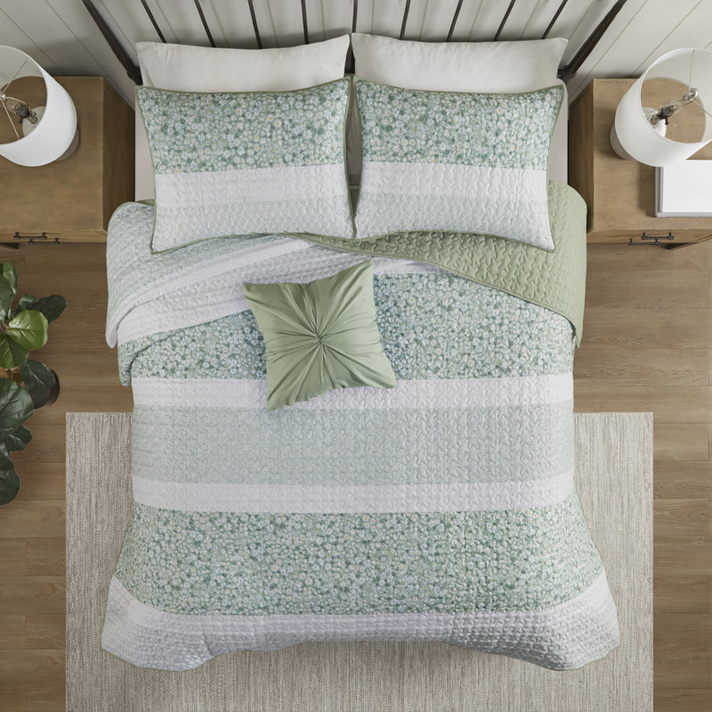 Green Seersucker Microfiber Full Quilt Set with Pillow