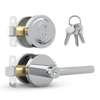 Combo d'entrée Mega Handles Ronn, poignée de porte à levier d'entrée et serrure à pêne dormant cylindrique simple et porte-clés, ensemble de leviers de porte ronds verrouillables robustes pour portes gauches ou droites - chrome poli