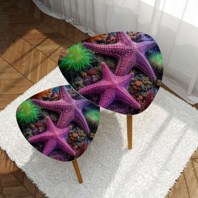 Triangle Nesting Coffee Table Set of 2 Vibrant Underwater Coral Reef Colorful Starfish Sea Anemones End Table Modern Minimalist Side Table Set for Living Room Bedroom