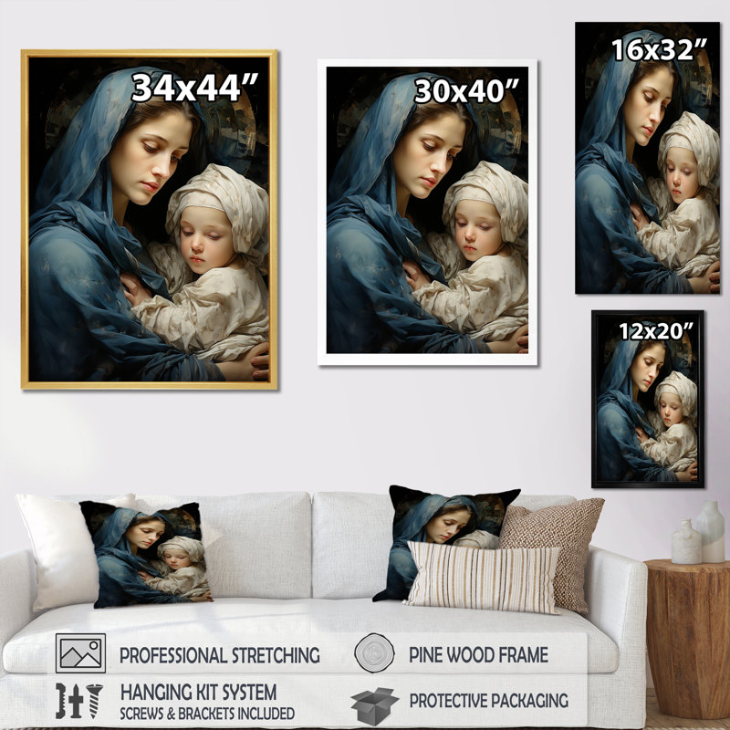 Madone et enfant, art chrétien - art mural Christianisme, Cadre flottant doré, H 32 po x l 16 po